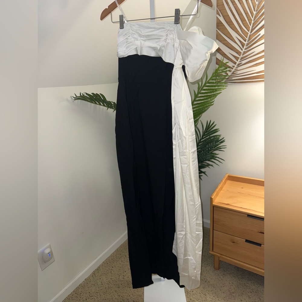 HUTCH Black white Satin Drape Strapless Column Maxi Dress Serina Gown - Picture 2 of 4